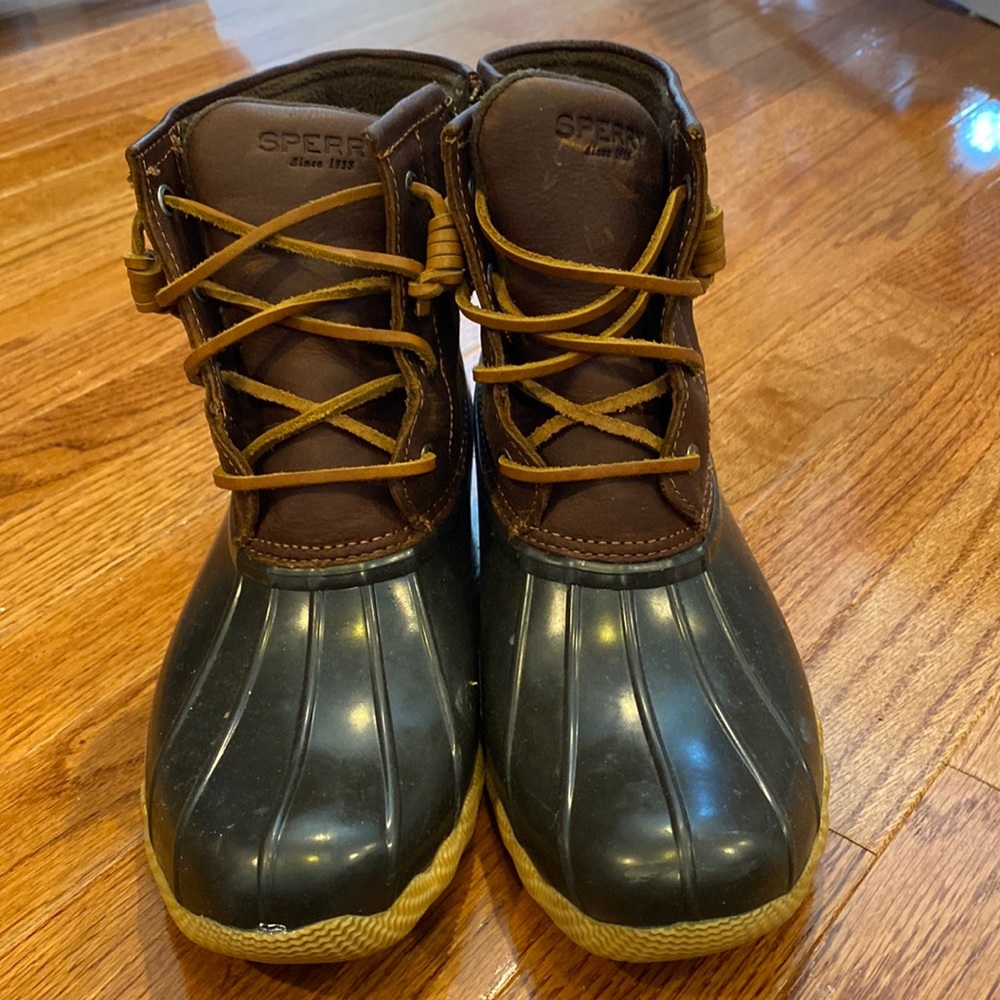 Sperry rubber boots.